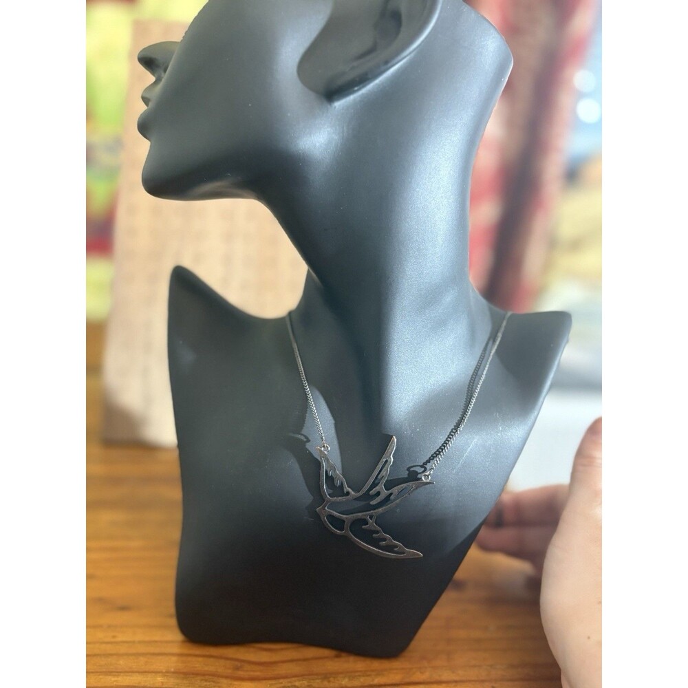 Swallow Bird Pendant Necklace Silver Tone Minimalist Cutout Statement J1